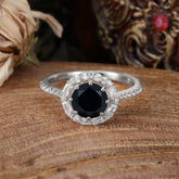 1.5 Carat Round Cut Halo Cluster Black Onyx Wedding Ring Pave Flower Promise Ring